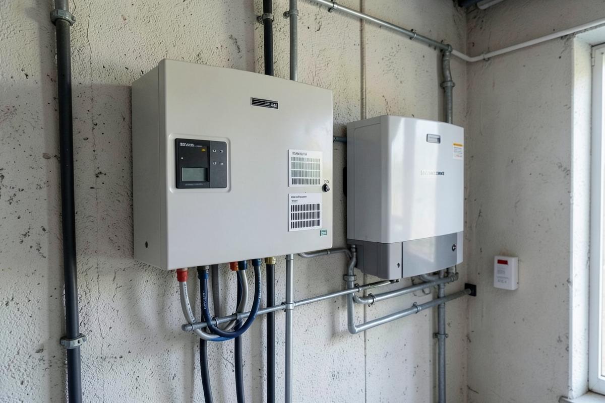 Wechselrichter und Batteriespeicher an einer Wand im Technikraum